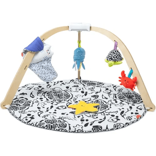 Melissa & Doug Ocean Easy-Fold Wooden Play Gym for Infants, Reversible Mat, 5 Soft Toys, Birth to 9 Months - FSC-Certified