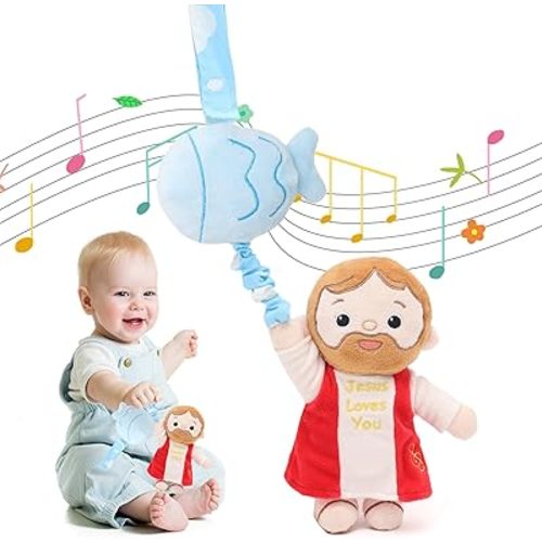 Baby Jesus Musical Hanging Plush Toy with Lullaby Music Box Sensory Crib Toy for Newborn Baptism First Birthday Gift
