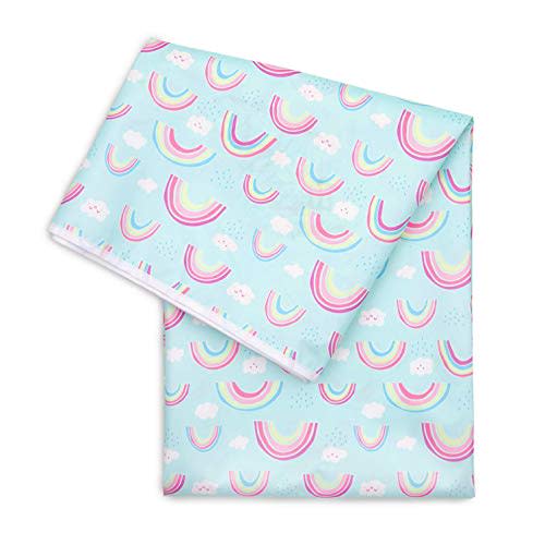 Bumkins Baby Splat Mat for Under High Chair, Babies Toddlers Eating Mess Mat, Waterproof Reusable Cloth for Arts and Crafts, Playtime Mat for Kids, Floors or Tables, Fabric 42inx42in, Rainbows Blue