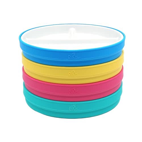 Elk and Friends Kids 7.8” Porcelain White Plates with Silicone Sleeves | Divided Plates | Suitable for Kids/Toddlers | Microwave & Dishwasher Safe | Non Slip | Snack Dishes…