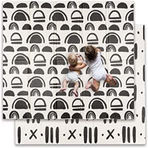 JumpOff Jo - Extra Large Waterproof Foam Padded Play Mat for Infants, Babies, Toddlers, Play Pens & Tummy Time, Foldable Activity Mat, 77 x 70 x 0.6 inches - Black and White