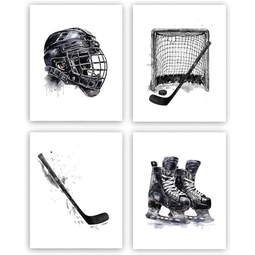 HUACANVASART Hockey Wall Art Print,Black Hockey Skates Sticks Helmets&Hats Wall Art Posters,for Boy's Bedroom Decor Teen Room Decor Nursery Decor,Home Decoration,Set of 4(8"X10"Inch,No Frame).