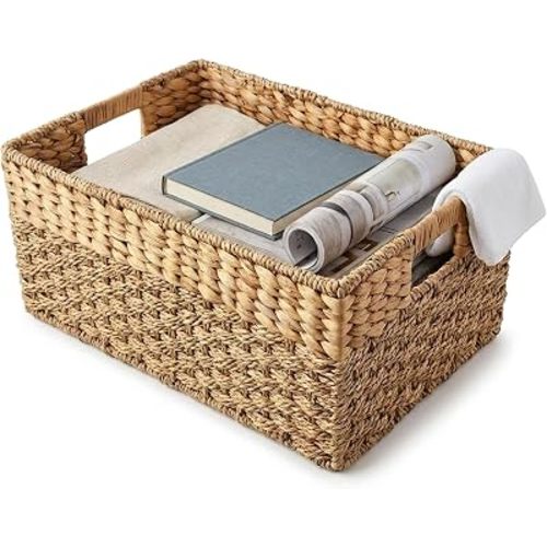 Medium Wicker Storage Baskets with Handles, Natural Seagrass and Hyacinth Woven Storage Basket for Organizing Shelves, Bedroom, Pantry, Rectangular, 15.5 x 9.5 x 6.5 Inches