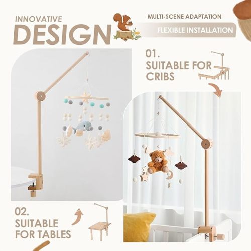 HI BABY MONMENT Crib Mobile Arm - Rotating Baby Mobile Hanger, Natural Beech Wood, Mobile Stand for Crib Nursery Decor, Perfect for Baby Girl or Boy