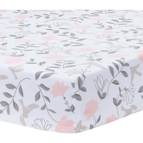 Lambs & Ivy Petals White/Pink/Gray Floral 100% Cotton Fitted Crib/Toddler Sheet