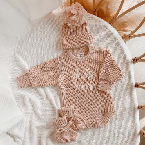 'She's Here' Long Sleeve Romper & Beanie Bundle - Pink Lemonade