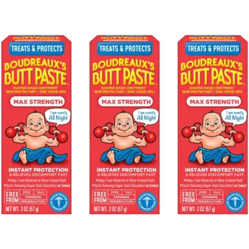 Boudreaux's Butt Paste Maximum Strength Diaper Rash Cream, Ointment for Baby, 2 oz Tube, 3 Pack