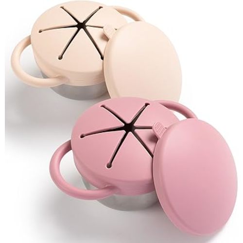 Snack Containers for Toddlers, 3-in-1 Stainless Steel Toddler Snack Cups with Removable Silicone Food Catcher & Travel Lids, No-Spill Snack Cup Kids (Matte Pink, Matte Off White, Pack of 2)
