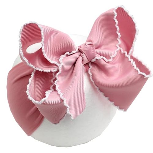 6'' Jumbo Blush Pink Baby Girls Bow Headbands, Handmade Grosgrain Moonstitch Boutique Baby Headwraps, Super Stretchy Soft Nylon Headbands for Newborns, Infants & Toddlers