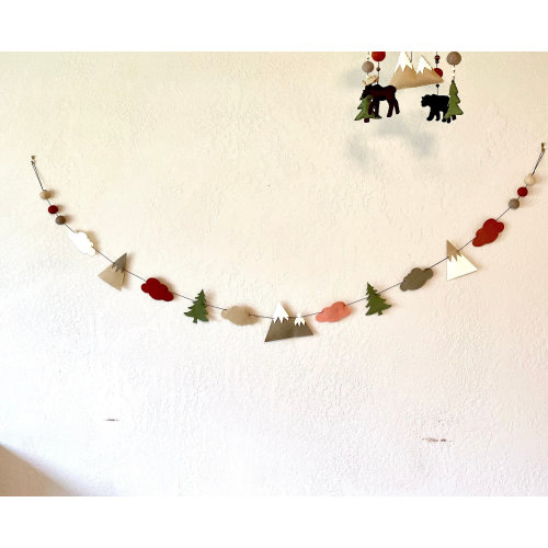 Felt woodland mountain banner; forest nursery decor; rustic boy girl wall hanging; rust neutral baby room decor
