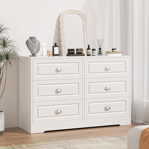Shintenchi 6 Drawer Dresser, Chest of Drawers Organizer Storage with Wide Drawers, Large Storage Cabinet,Modern Dresser for Bedroom, Living Room, Porch, White