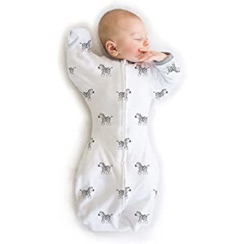 Amazing Baby Transitional Swaddle Sack with Arms Up Half-Length Sleeves and Mitten Cuffs, Little Zebra, Small, 0-3 Months (Parents’ Picks Award Winner, Easy Transition with Better Sleep)