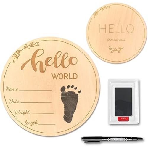 Baby Birth Announcement Sign with Marker Pen, Wooden Hello World Newborn Sign with Ink Pad for Baby Hand and Footprints, Double-sided Newborn Announcement Sign for Baby Shower Photo Prop Keepsakes