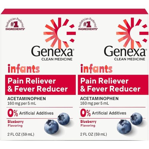 Genexa Infants' Clean Acetaminophen | Pediatrician Preferred Ingredients | Pain Reliever & Fever Reducer for Babies | Dye Free, 0% Artificial Additives | Organic Blueberry Flavor, 4 fl oz (2 Pack)