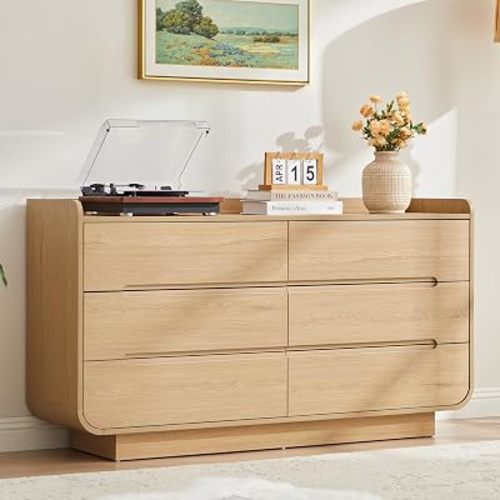 Curved 6 Drawer Dresser for Bedroom, Modern 53-Inch Chest of Drawers, Wood Storage Dresser Organizers with Hidden Handles, 6 Drawer Dressers for Bedroom, Nursery, Living Room, Natural