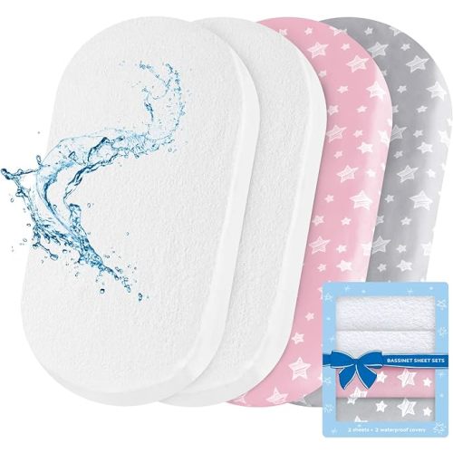 Bassinet Sheets & Waterproof Bassinet Mattress Pad Protector 4 Pack Set, Universal Fit for Oval, Hourglass and Rectangular Mattress, Grey & Pink