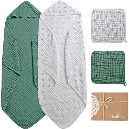 Baby Bath towels Muslin 4 Pack, Premium Muslin 6 Layers Natural Cotton Baby Bath Towels, Soft and Comfortable for Boys,Girls (Boho Rainbow Green) (32 x 32)