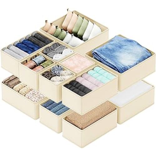 SpaceAid Drawer Organizer for Clothes, 12 Pack Dresser Drawer Organizer Bins, Closet Organizers and Storage Dividers for Clothing, Underwears, Socks (Beige)