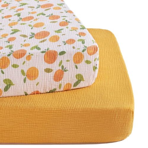 TILLYOU Muslin Crib Sheets for Boys and Girls 2 Pack, Neutral Soft Cotton Baby Crib Mattress Protector, for 52"x 28" Toddler Bed, Orange Flavour & Orange