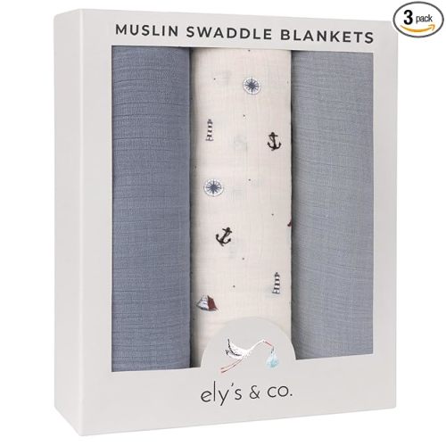 Ely's & Co. Muslin Swaddle Blankets 3-Pack for Baby Boy, 100% Cotton Muslin Extra Large Swaddle Receiving Blankets, 47”x47” (Blue-Ivory Nautical)