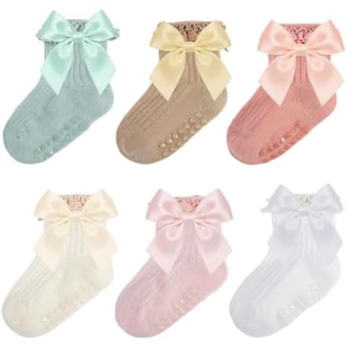 Baby Socks Baby Girl Non Slip Grip Ruffle Socks with Bows Soft Cotton Toddler Girl Sock with Grips Newborn Infant