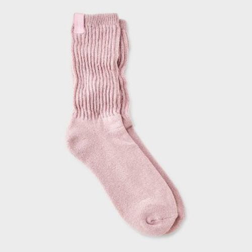 Women's Ultra Soft Ribbed Cushioned Slouch Crew Socks with Woven label 'Recharge'- Auden™ Pink 4-10