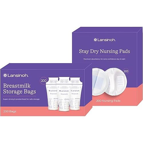 Lansinoh Breastmilk Storage Bags, 200 Count, Breast Milk Storage Bags for Feeding, Baby Essentials, 6 oz. + Lansinoh Stay Dry Disposable Nursing Pads, Soft and Super Absorbent Breast Pads, 200 Count