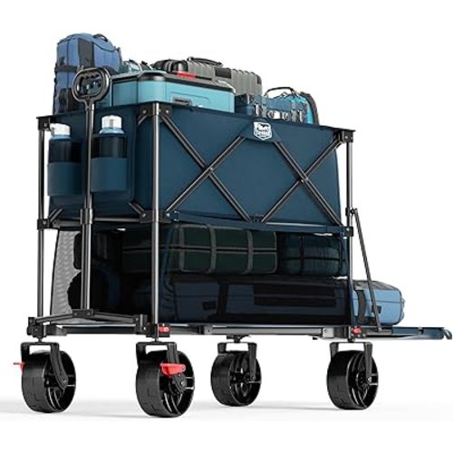 TIMBER RIDGE 400L Large Capacity Folding Double Decker Wagon with Brakes, 54" Extra Long Extender Wagon Cart, 450lbs Heavy Duty Collapsible Cart, All-Terrain Big Wheels for Camping, Sports, Shopping