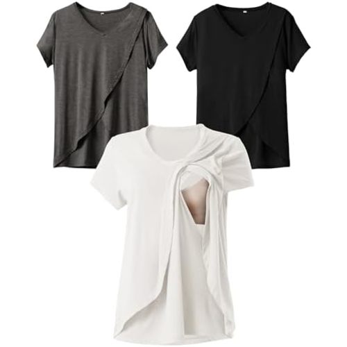 Rnxrbb V Neck Nursing Tops for Breastfeeding Tshirts Summer Postpartum Clothes Sets Short Sleeve 3 Pack Double Layer