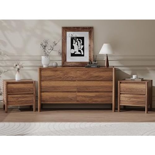 CHUWELL Walnut Dresser Bedroom Set, 6 Drawer Dresser & 2 Drawer Nightstands