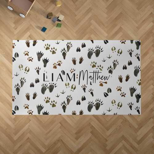 Custom Nursery Rug Forest Animal Tracks play mat with name, bedroom decor, baby boy gift, nature nursery carpet, play room washable area rug