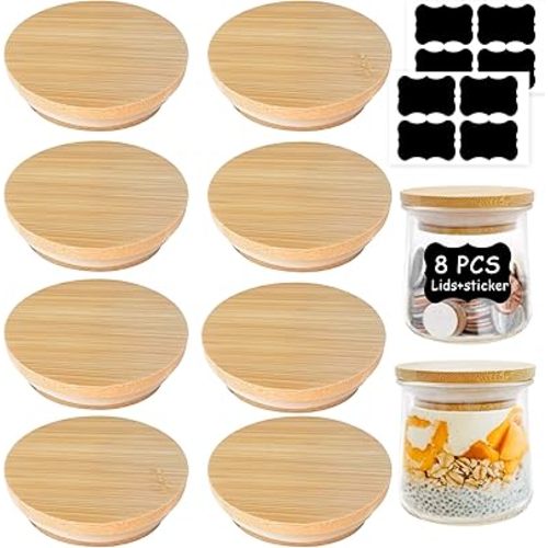 Oui Yogurt Jar Lids - 8 Pack Oui Lids-Natural Bamboo Wood with Silicone Sealing Rings and Oui Yogurt Bottle Label, For 5 Oz Oui Yogurt Jars