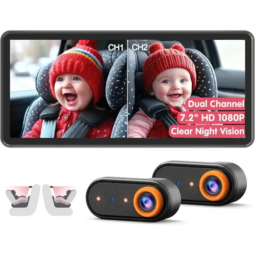 BM5 PRO Baby Car Camera for 2 Kids, 7.2" 1080P Dual Channel Display for Car Seat, Easy Installation with 2 IR Night Vision Cameras, Rear Seat Safety for Babies and Pets