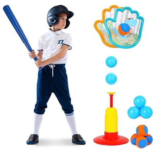 T Ball Set Toys for Kids,2 in 1 Tee Ball Set with Auto Ball Launcher & Adjustable Batting Bat Velcro Ball and Catch Game, Outdoor Games Sports Toy Gift for Toddlers Boys Girls Ages 3-5 5-8