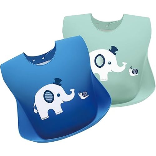 Silicone Bibs for Babies and Toddlers 2 Sets Feeding Bibs for Boy and Girl, Adjustable Soft Waterproof Bibs