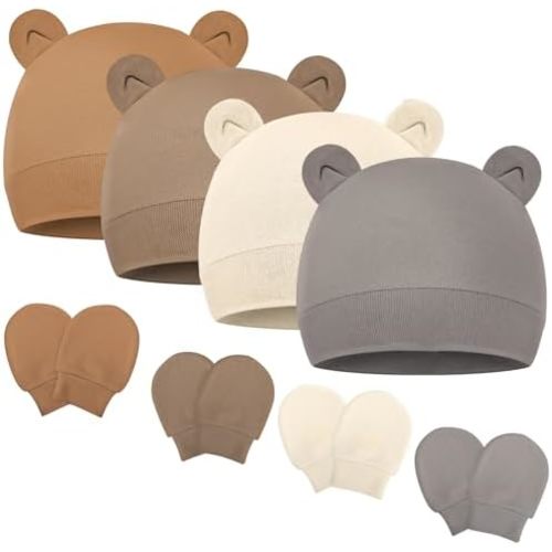 Newborn Baby Hats and Mittens Set Bear Ear Baby Beanie No Scratch Cotton Infant Caps Gloves Newborn Hats for Boys Girls