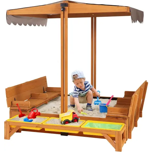 Kids Wooden Outdoor Sandbox w/Canopy, 2 Foldable Bench Seats, Retractable Roof Sand Protection Liner 47x47-Inch
