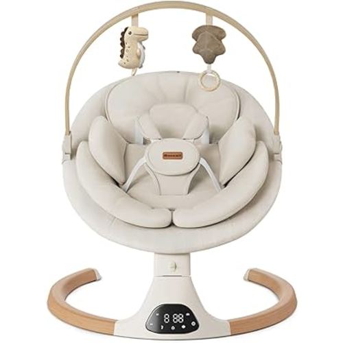 Baby Swings for Infants, Monamii Baby Swing, Bluetooth Infant Swing with Music Speaker, 5 Speeds and Remote Control, Electric Swing for Baby, Portable Baby Swing, Indoor & Outdoor Use (Light Beige)