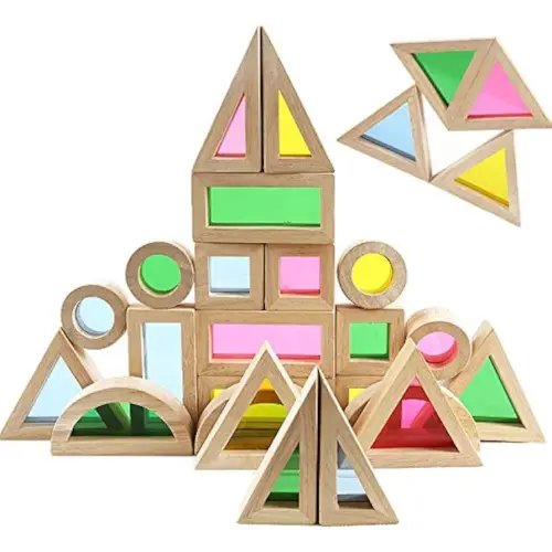 Agirlgle Wood Building Blocks Set for Kids 24 Pcs Rainbow Stacker Stacking Game Construction Toys Set Preschool Colorful Learning Educational Toys - Geometry Wooden Blocks for Boys & Girls