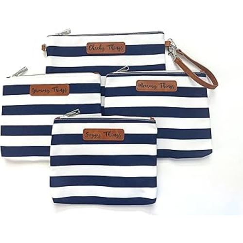 Stylish Diaper Bag Organizing Pouches - XL Set of 4 Navy and White Striped Canvas Diaper Bag Pouches with Leather Embossed Labels, Leather Wristlet Strap & Durable Metal Zippers