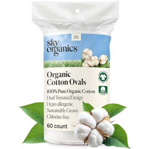 Sky Organics Organic Large Oval Cotton Pads, 100% Pure Organic Cotton, GOTS Certified Cotton, 60 Count, Dual Textured Design, for Makeup Removal, Cleansing, Toner Application