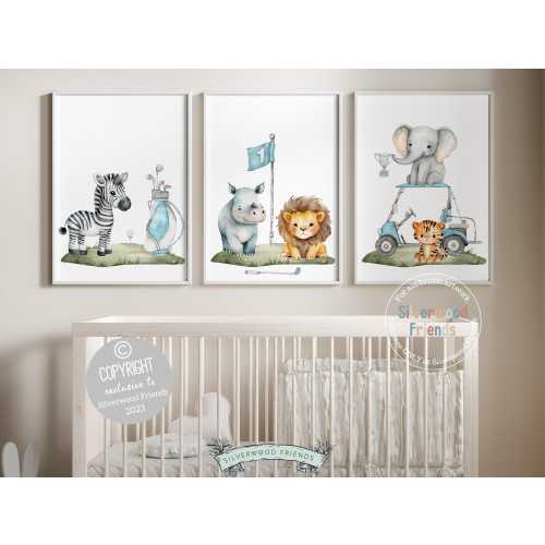 Golf Nursery Prints, Boys Blue Golf Nursery Print, Safari Sport Animal Nursery, Boys Sport Nursery Decor, Golf Nursery Decor, Digital Prints