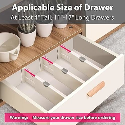 Drawer Dividers Organizer 4 Pack, Adjustable Separators 4" High Expandable from 11-17" for Bedroom, Bathroom, Closet,Clothing, Office, Kitchen Storage, Strong Secure Hold, Foam Ends, Locks in Place - Beige - 4" Tall, 11"-17" Long, 4 Pack