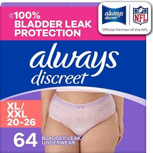 Always Discreet Adult Diapers for Women, Incontinence Underwear, Postpartum Essentials, Disposable Briefs, Max Absorbency, Bladder Leak Protection, Extra Large/XL, 64ct