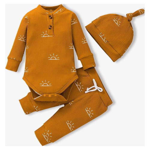 PatPat Newborn Baby Pajamas Boy Girl Clothes Cotton Ribbed Long Sleeve Romper and Pants Outfit Sets, 3-6 Months