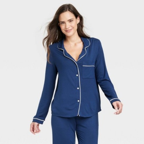 Women's Beautifully Soft Long Sleeve Notch Collar Top and Pants Pajama Set - Stars Above™, Color: Navy, Size: M