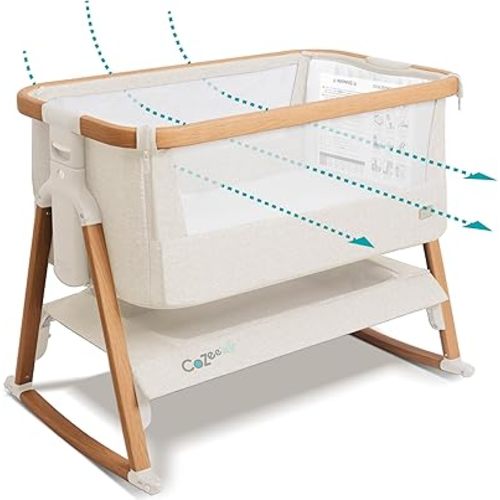 CoZee® Air Baby Bassinet & Bedside Sleeper - Rocking Bassinet for Baby, Fast-Folding with Travel Bag, Deluxe Airflow Mattress & 6 Mattress Heights, 0-6 Months (Walnut & Ecru)