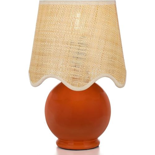 13" Boho Orangey Red Ceramic Lamp,Small Bedside Table, Ceramic Pot Classic Desk Lamps for Living Room Bedroom Office Dining Room Nightstand (Orangey-red & Shade Rattan)