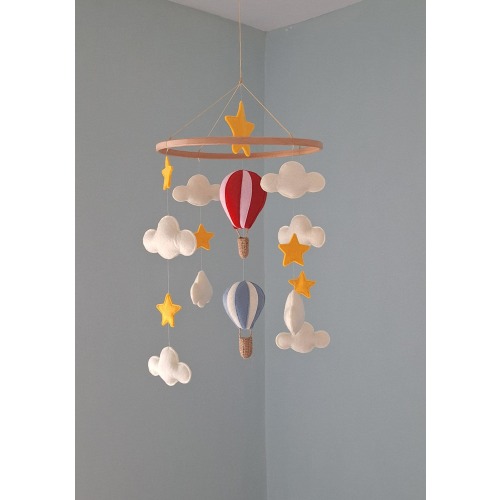 Hot Air Balloon Baby Mobile: Yellow Stars Cream Clouds Nursery Decor Red Pink Blue