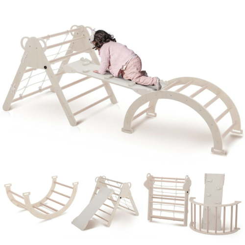 Foldable Triangle Ladder, Toddler Indoor Gym Playset,Pikler Climber with Ramp Sliding or Climbing, Sturdy Wooden Montessori Climbing Set for Toddlers 1-6 Years